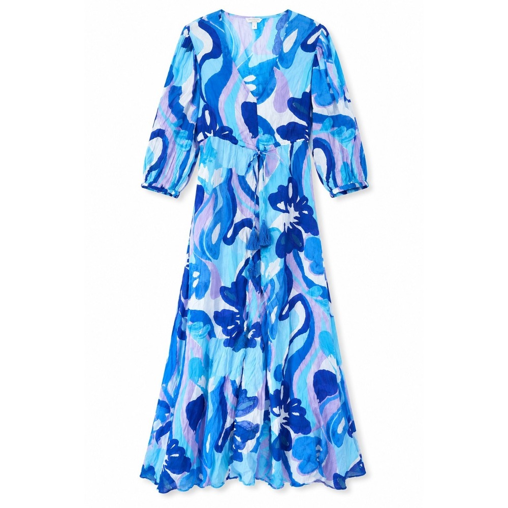 Monsoon Beach Maxi Dress S Blue Floral 100% Cotton Boho Tassel Resort Cover Up